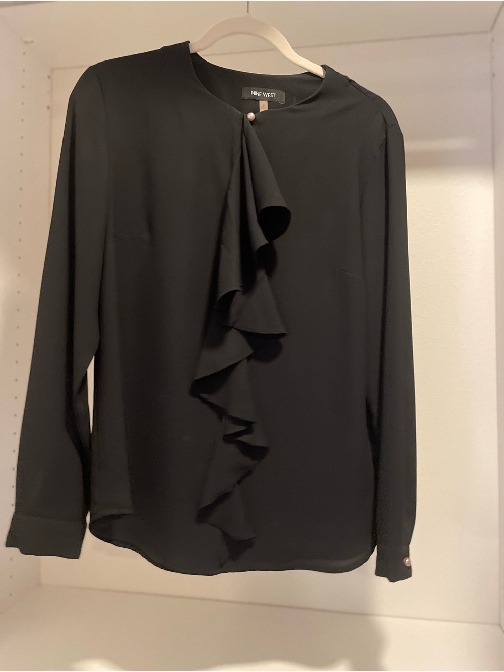 Nine West Black Ruffle-Front Long Sleeve Top